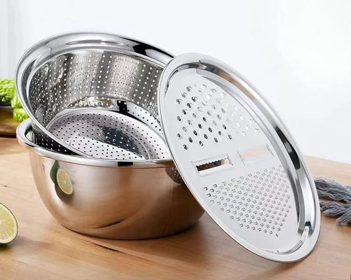 3-in-1 Edelstahl-Siebset mit Reibendeckel