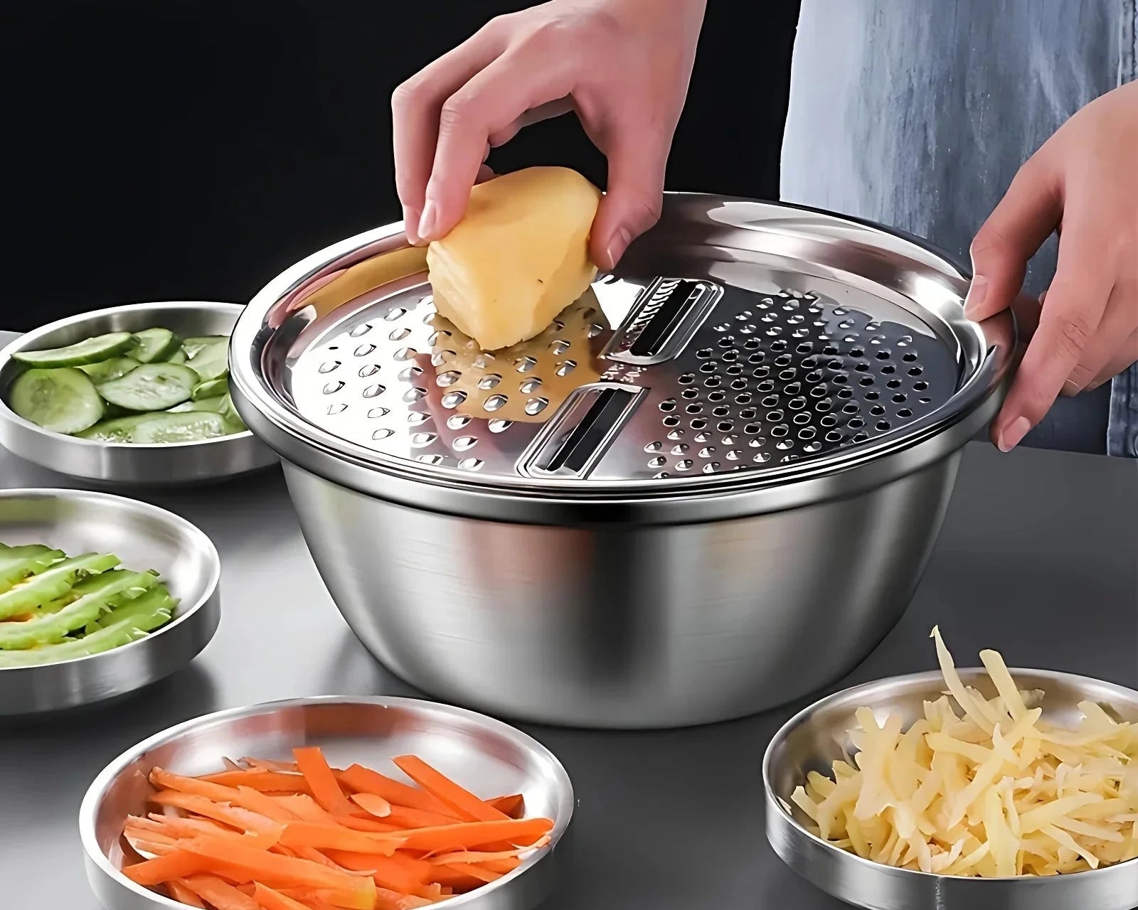 3-in-1 Edelstahl-Siebset mit Reibendeckel