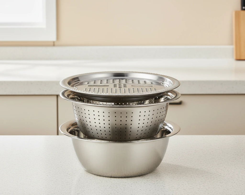 3-in-1 Edelstahl-Siebset mit Reibendeckel