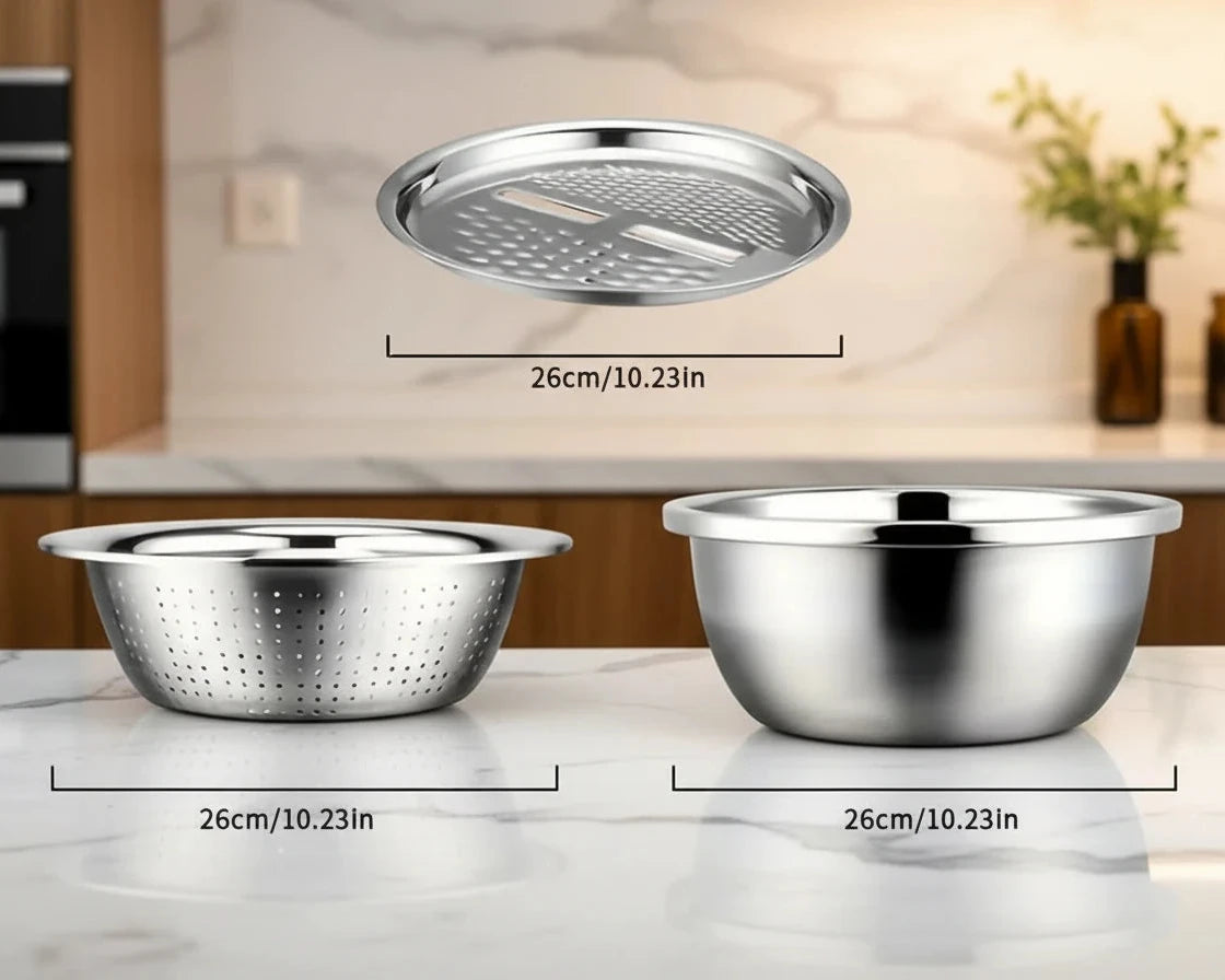 3-in-1 Edelstahl-Siebset mit Reibendeckel